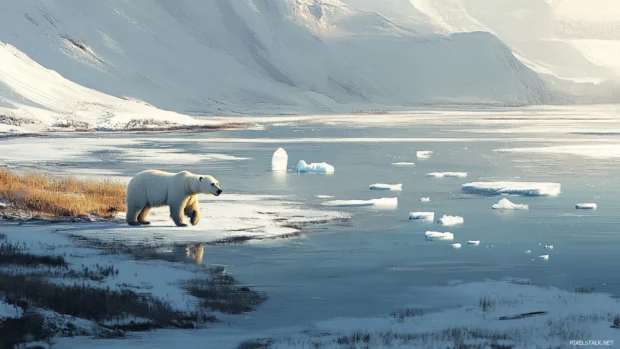 Polar Bear walking beside a half frozen river with small icebergs floating past.