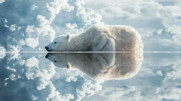 Polar Bear with its reflection mirrored on a frozen lake beneath a cloudy winter sky.