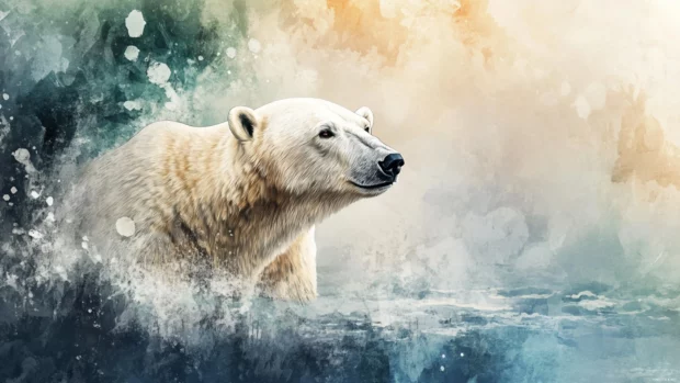 Polar bear art wallpaper painted in watercolor style, where a polar bear looks peacefully into the horizon.