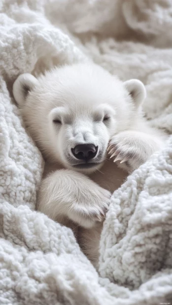 Polar bear cub wallpaper presenting a baby polar bear lying on a blanket with a cozy indoor feel.
