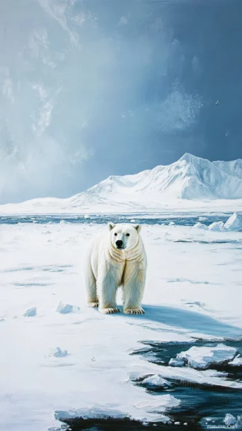 Polar bear gazing across the Arctic horizon, vast snowfields behind.