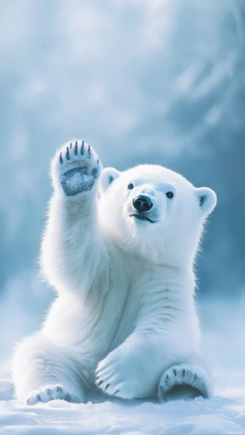 Polar bear iPhone wallpaper featuring a playful polar bear sitting and waving at the viewer with soft pastel accents.
