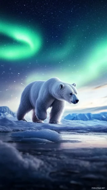Polar bear walking across a frozen Arctic landscape under the northern lights, extremely realistic.