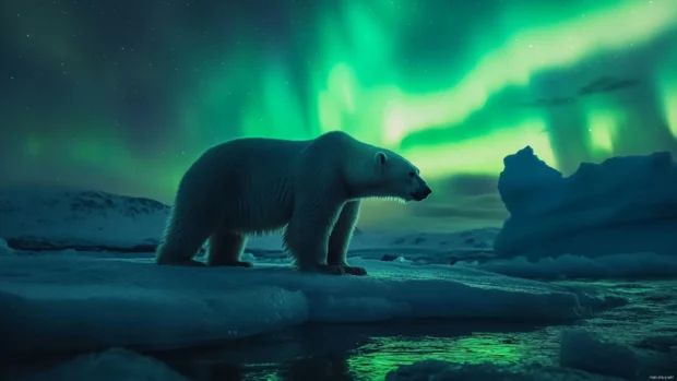 Polar bear wallpaper featuring a majestic polar bear standing on an ice floe under the northern lights.