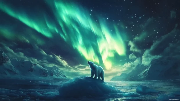 Polar bear wallpaper illustrating a cool polar bear standing on an iceberg under the northern lights.