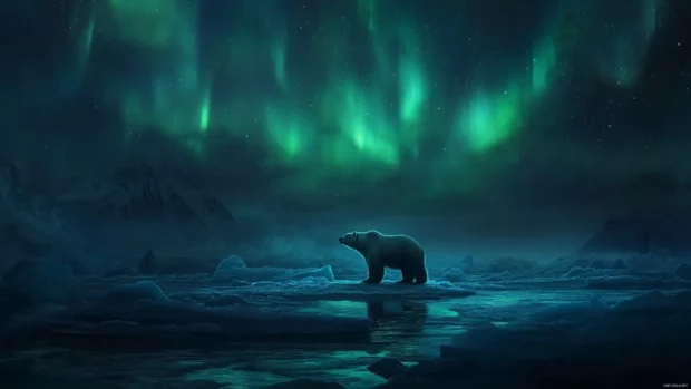 Polar bear wallpaper showing a majestic bear standing on an ice floe under the northern lights.