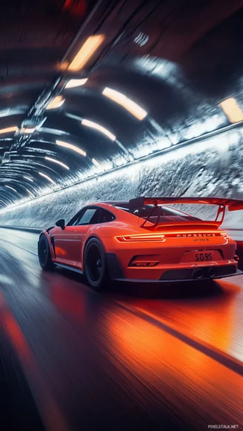 Porsche 911 gt3 rs driving through a tunnel with glowing lights reflecting off its body.