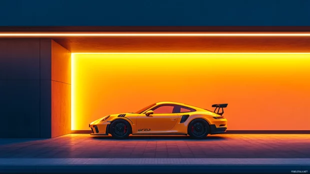 Porsche 911 gt3 rs parked in a minimalist garage with soft ambient lighting highlighting its curves.