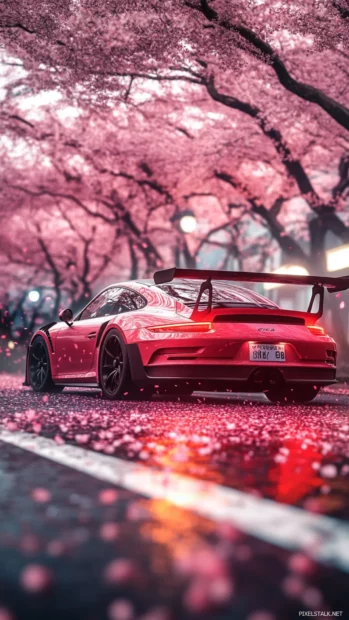 Porsche 911 gt3 rs passing under cherry blossom trees with petal.