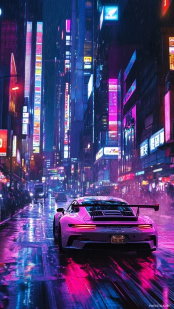 Porsche 911 gt3 rs positioned on a neon lit city street ready for a midnight race.