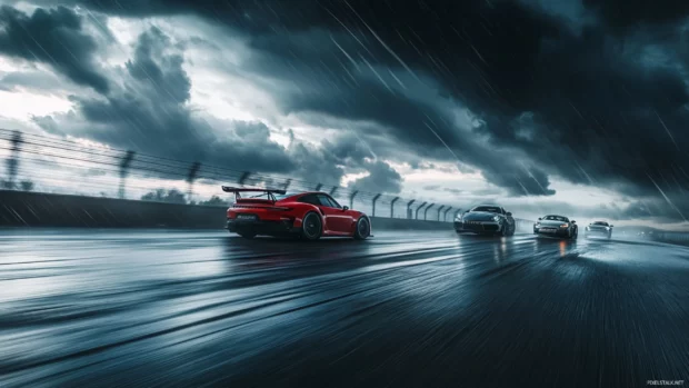 Porsche 911 gt3 rs racing alongside superbikes under dramatic storm clouds.