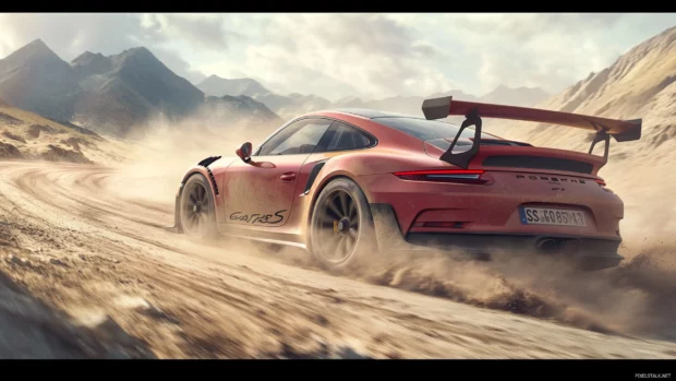 Porsche 911 gt3 rs roaring through a desert landscape kicking up trails of dust.