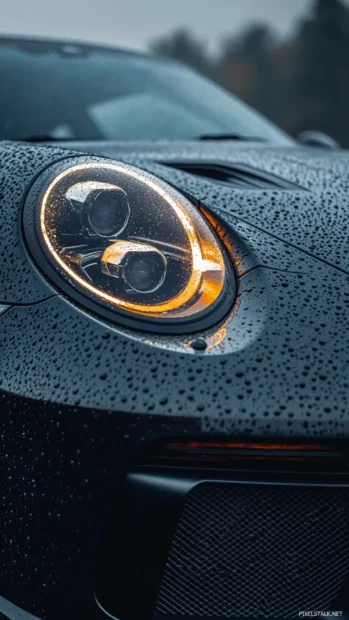 Porsche 911 gt3 rs seen from above slicing through a winding mountain road at sunrise.