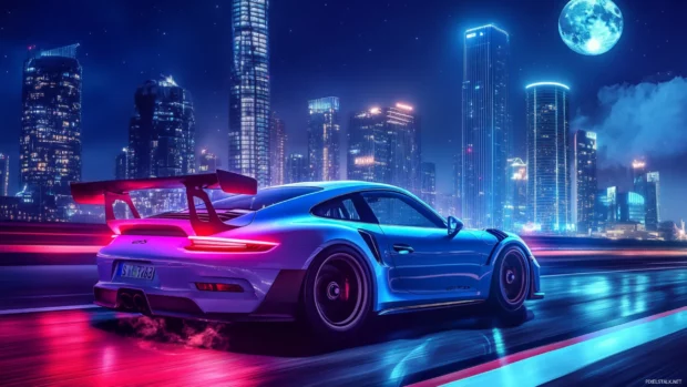 Porsche 911 gt3 rs speeding past futuristic skyscrapers glowing under moonlight.