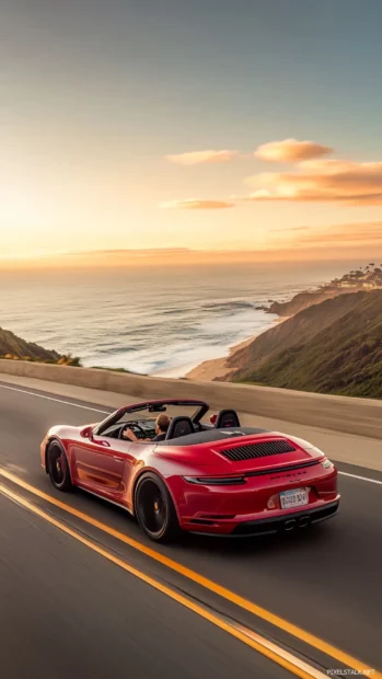 Porsche convertible with top down cruising a beach highway, summer car wallpaper.