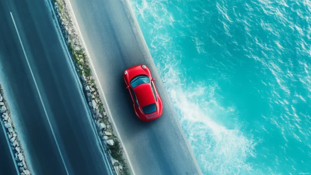 Porsche cruising down a coastal highway with turquoise waves crashing beside.