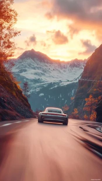 Porsche drifting in slow motion through an anime styled mountain pass.