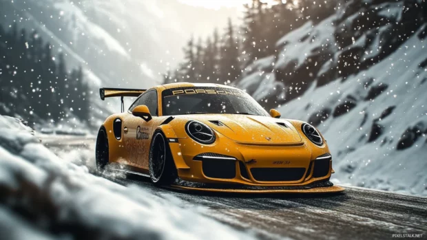 Porsche drifting on a snowy mountain road with snowflakes flying, winter car wallpaper.