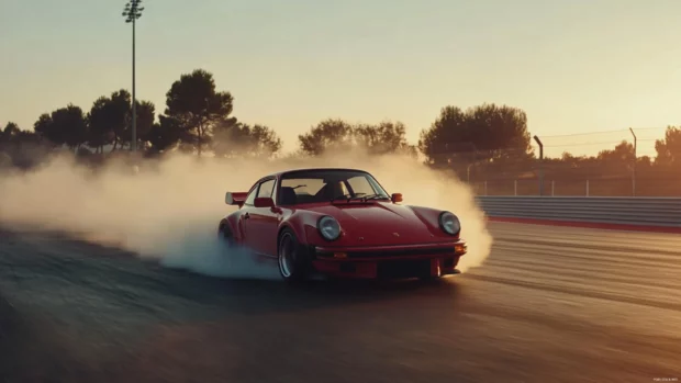 Porsche drifting smoothly on a racetrack with smoke curling from the tires and sharp motion captured in 4K.