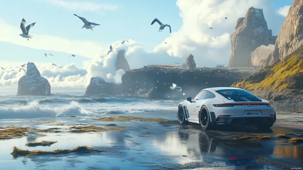 Porsche driving across a coastal road with waves crashing and seagulls flying overhead, all in crisp 4K detail.