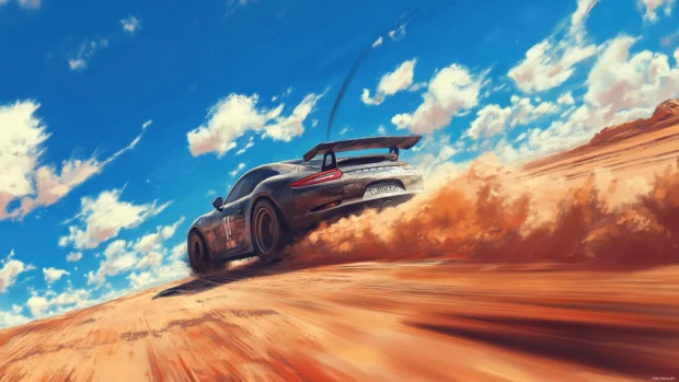 Porsche gliding across a desert landscape leaving a trail of dust under a vibrant blue sky.