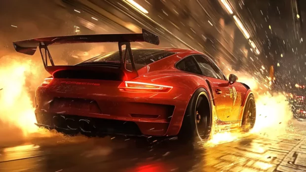 Porsche launching off a ramp with anime styled motion blur and glowing exhaust.