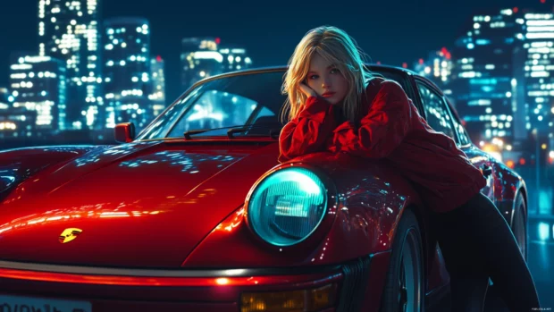 Porsche lined up on a racetrack under anime styled floodlights ready to launch.