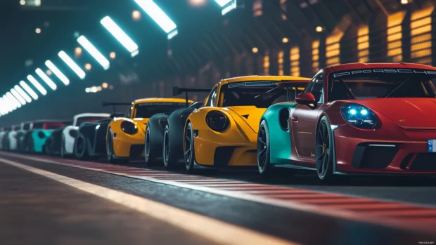 Porsche lined up on a racetrack under floodlights ready to launch.