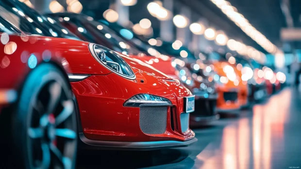 Porsche lined up with other supercars at a high profile car show gleaming under bright spotlights.