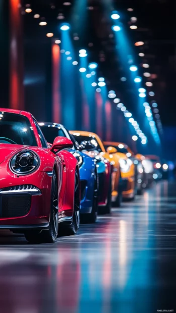 Porsche lined up with other supercars at an exclusive car show under spotlights.