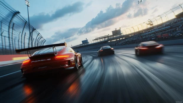Porsche on a racetrack overtaking rivals captured with sharp clarity and intense motion in 4K.