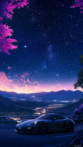 Porsche parked at a scenic overlook under a glowing anime night sky filled with stars.