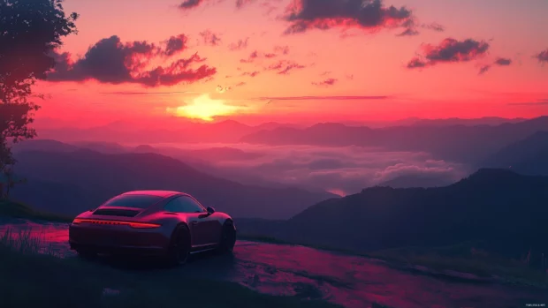 Porsche parked dramatically on a mountain overlook with a glowing anime sunset in the background.