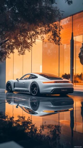 Porsche parked near a glowing futuristic building with sleek glass and reflections.