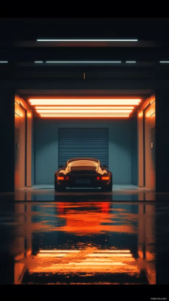 Porsche parked quietly in a minimalist anime garage with soft glowing lights.