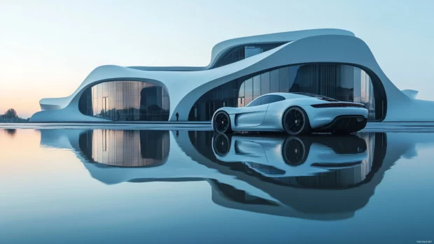 Porsche placed in front of a modern architectural masterpiece reflecting in calm water.