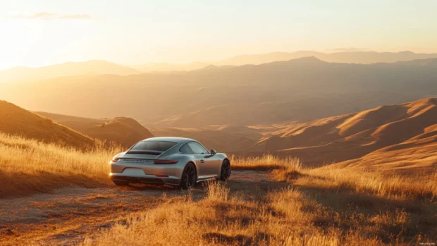 Porsche positioned dramatically at the top of a hill overlooking a breathtaking valley in golden hour light.