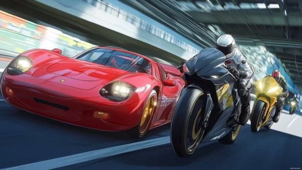 Porsche racing alongside futuristic anime motorbikes under an overpass.