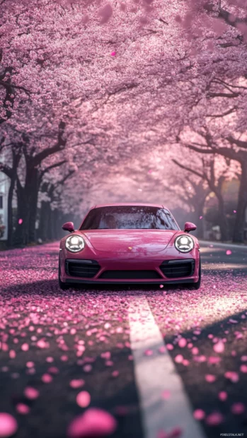 Porsche racing through cherry blossom petals drifting gently on an anime spring road.