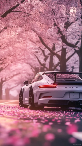 Porsche racing under cherry blossom trees with petals fluttering softly around the car.