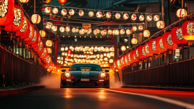 Porsche racing under glowing festival lanterns creating a contrast between speed and cultural beauty.