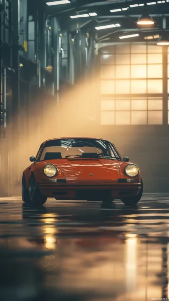 Porsche resting quietly in an industrial garage filled with soft shadows and warm lighting.