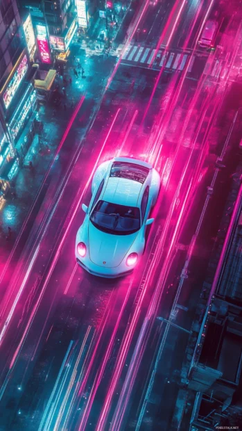 Porsche seen from above racing through glowing anime city streets.