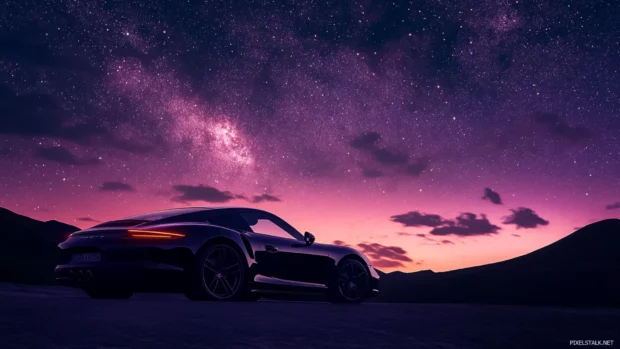 Porsche silhouette against a dramatic night sky filled with stars, luxury brand wallpaper.