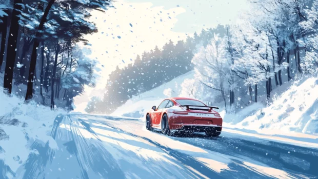 Porsche speeding along an icy winter road with snow flying around the tires and frosted trees lining the way.