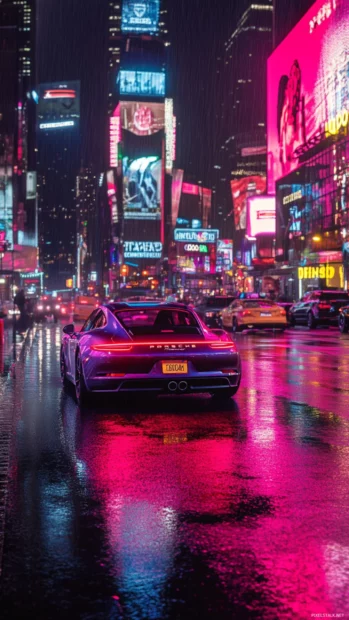 Porsche speeding through a neon lit city street with glowing reflections on the wet pavement.