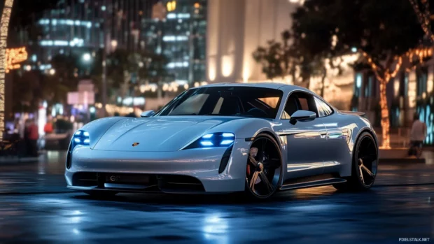 Porsche sports car parked in a futuristic city glowing at night, luxury car wallpaper.
