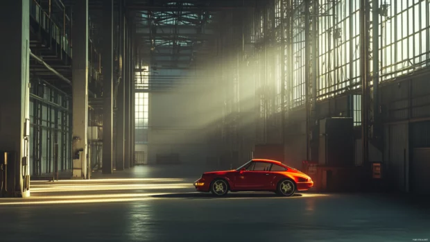 Porsche standing quietly in an industrial warehouse filled with soft shadows and dramatic lighting.
