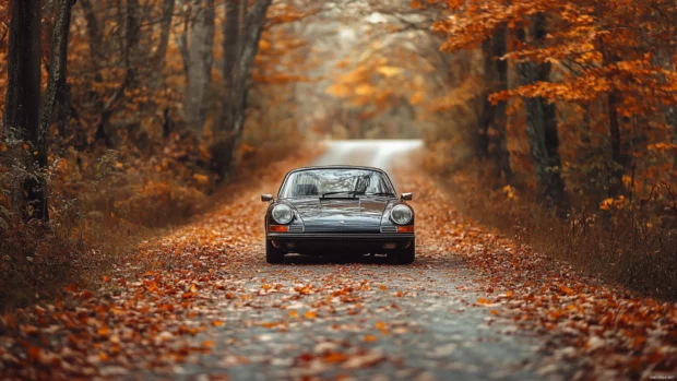 Porsche surrounded by autumn leaves on a quiet country road with rich colors and fine textures.