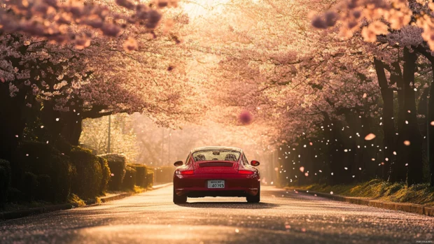 Porsche surrounded by cherry blossoms gently falling as it cruises down a spring road.